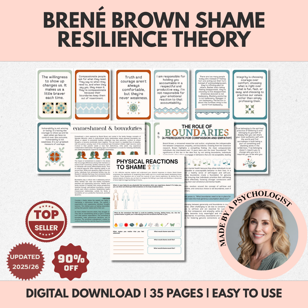 Brené Brown's Shame Resilience Theory, BRAVING Vulnerability, Living Wholeheartedly Empathy Boundaries Authenticity Resentment Worksheets Cards