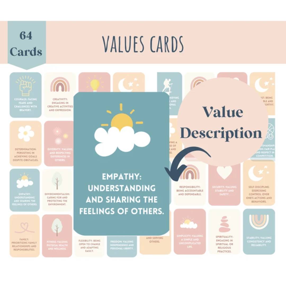 ACT Value Cards, 64+ Printable Values Cards, Understanding Feelings, Therapeutic