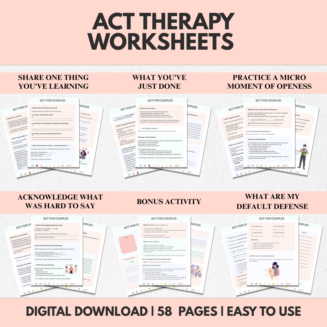 ACT Therapy Worksheets for Couples, Acceptance and Commitment Therapy for Healthy Relationships, Marriage Counseling, ACT Workbook Bundle