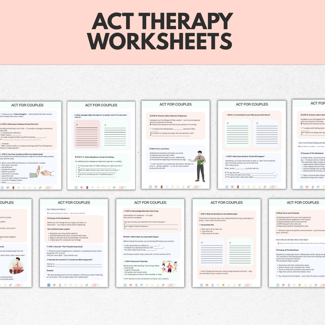 ACT Therapy Worksheets for Couples, Acceptance and Commitment Therapy for Healthy Relationships, Marriage Counseling, ACT Workbook Bundle