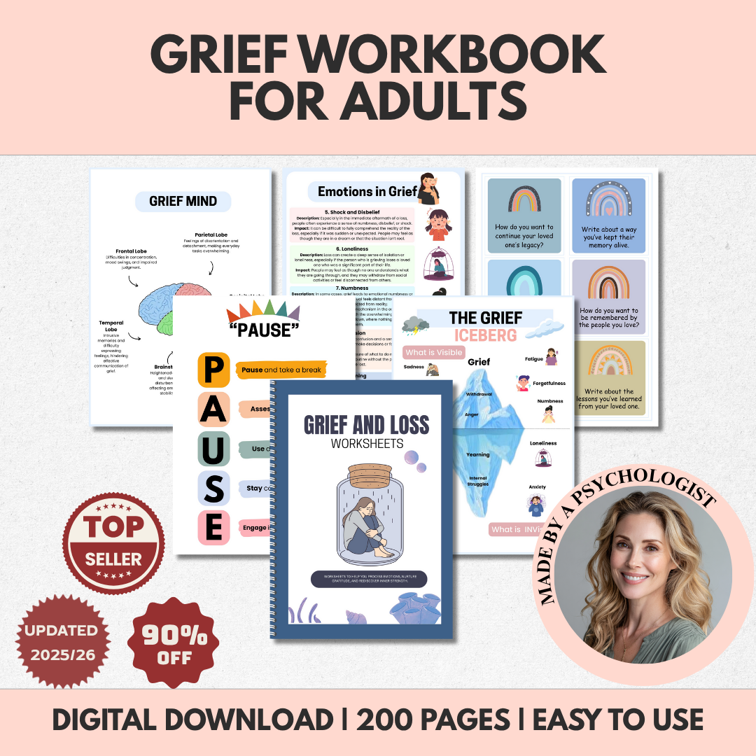 HYPERLINKED Grief and Loss Workbook, Therapy Worksheets, Grief Memory Journal, Bereavement, Healing Workbook, Stages of Grief Adults & Teens