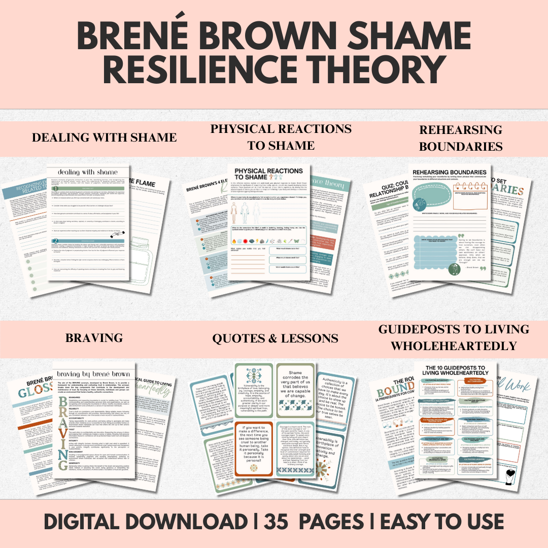 Brené Brown's Shame Resilience Theory, BRAVING Vulnerability, Living Wholeheartedly Empathy Boundaries Authenticity Resentment Worksheets Cards