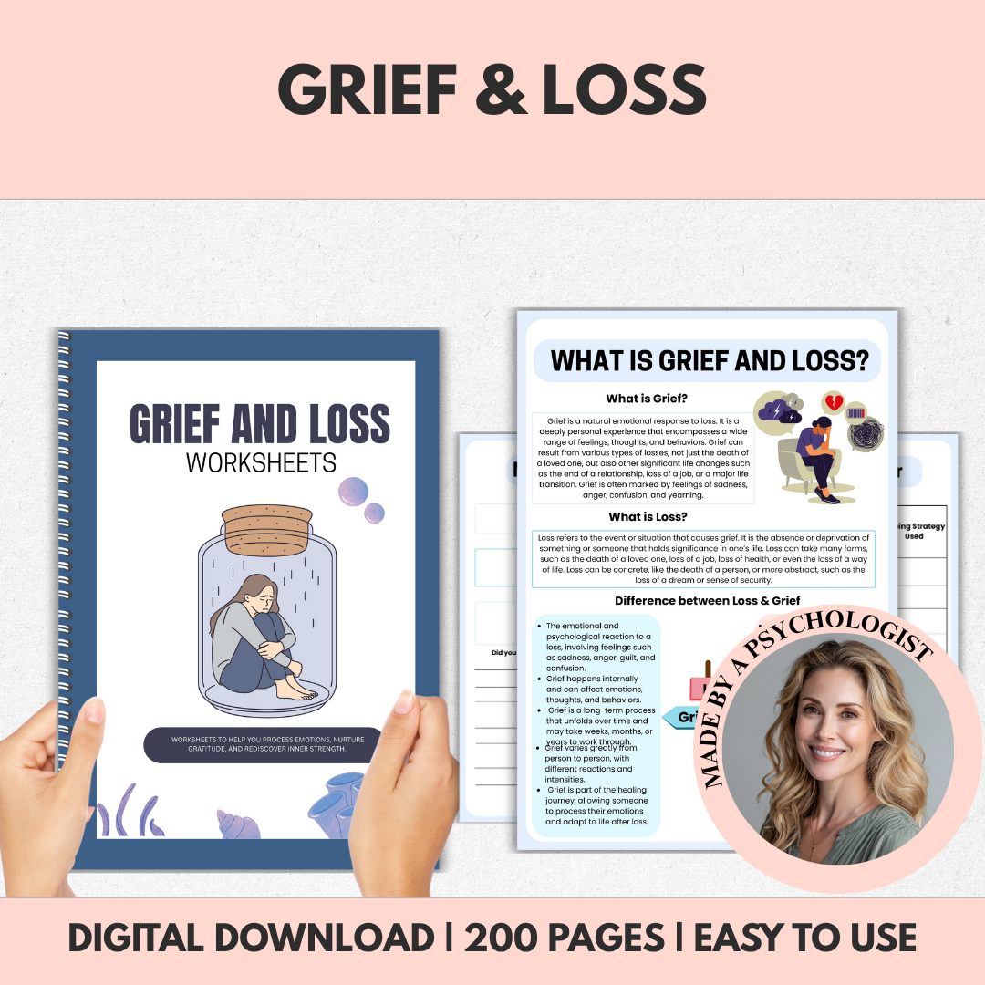 HYPERLINKED Grief and Loss Workbook, Therapy Worksheets, Grief Memory Journal, Bereavement, Healing Workbook, Stages of Grief Adults & Teens