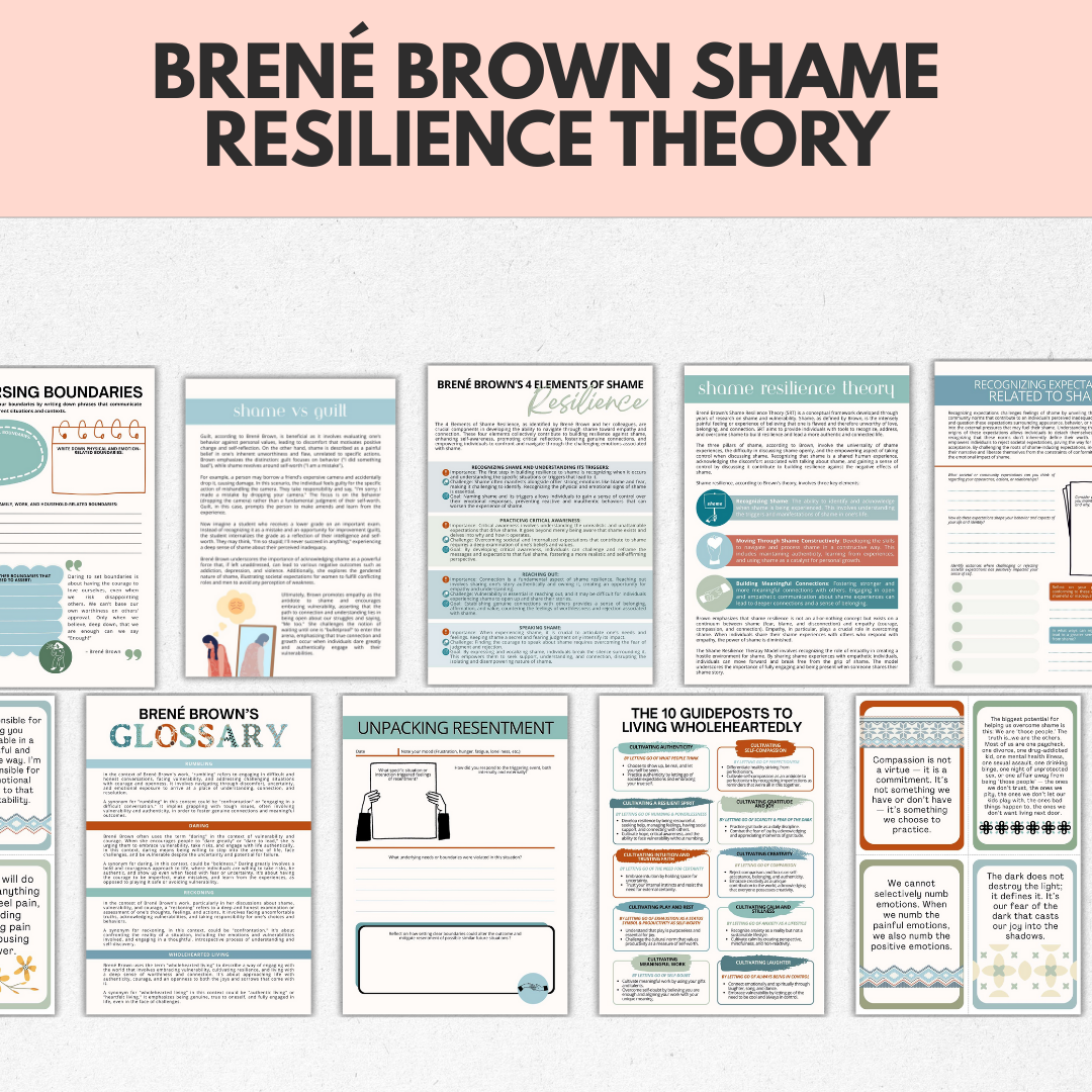 Brené Brown's Shame Resilience Theory, BRAVING Vulnerability, Living Wholeheartedly Empathy Boundaries Authenticity Resentment Worksheets Cards