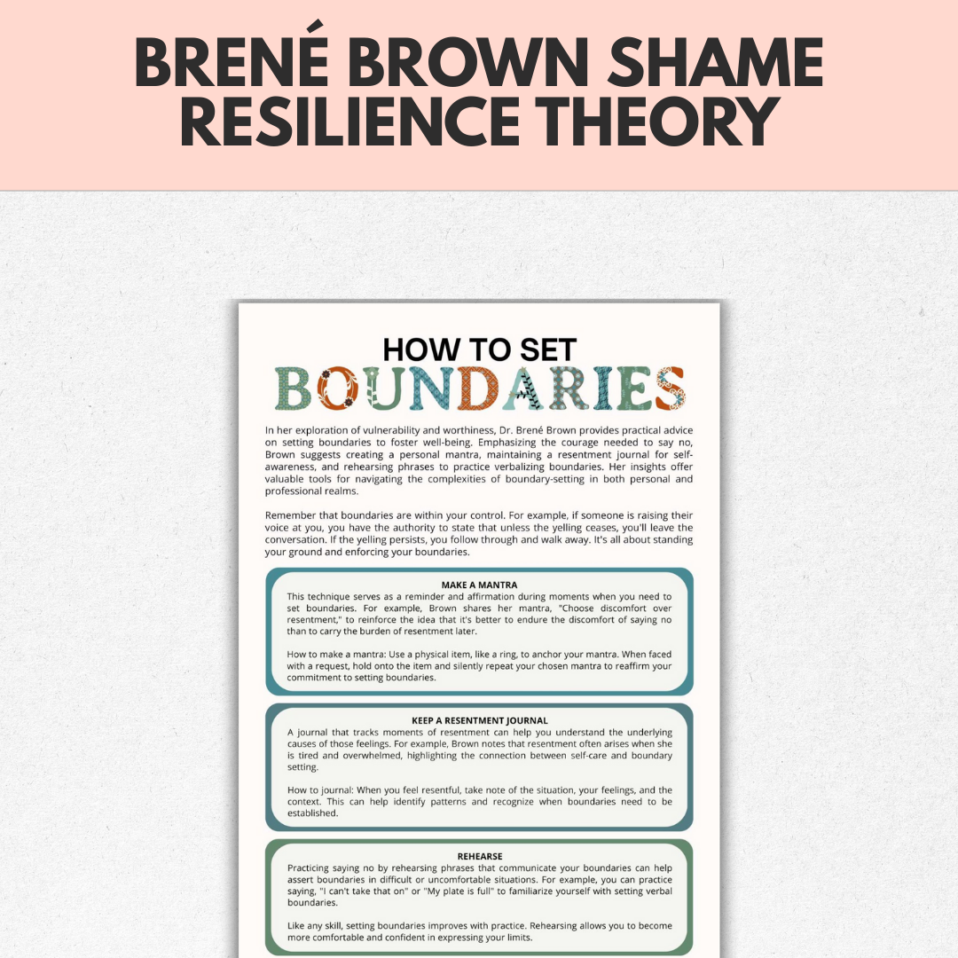 Brené Brown's Shame Resilience Theory, BRAVING Vulnerability, Living Wholeheartedly Empathy Boundaries Authenticity Resentment Worksheets Cards